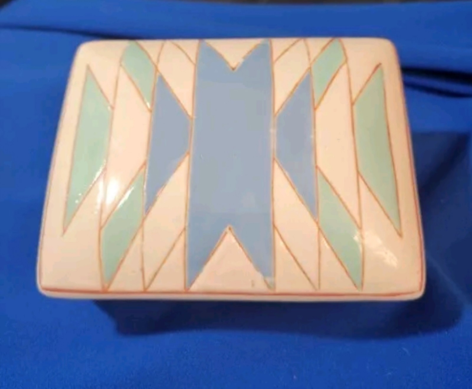 Aztec Trinket Box Jewelry Porcelain Macau Painted Design Blues 3.5×4.5x 1 3/4