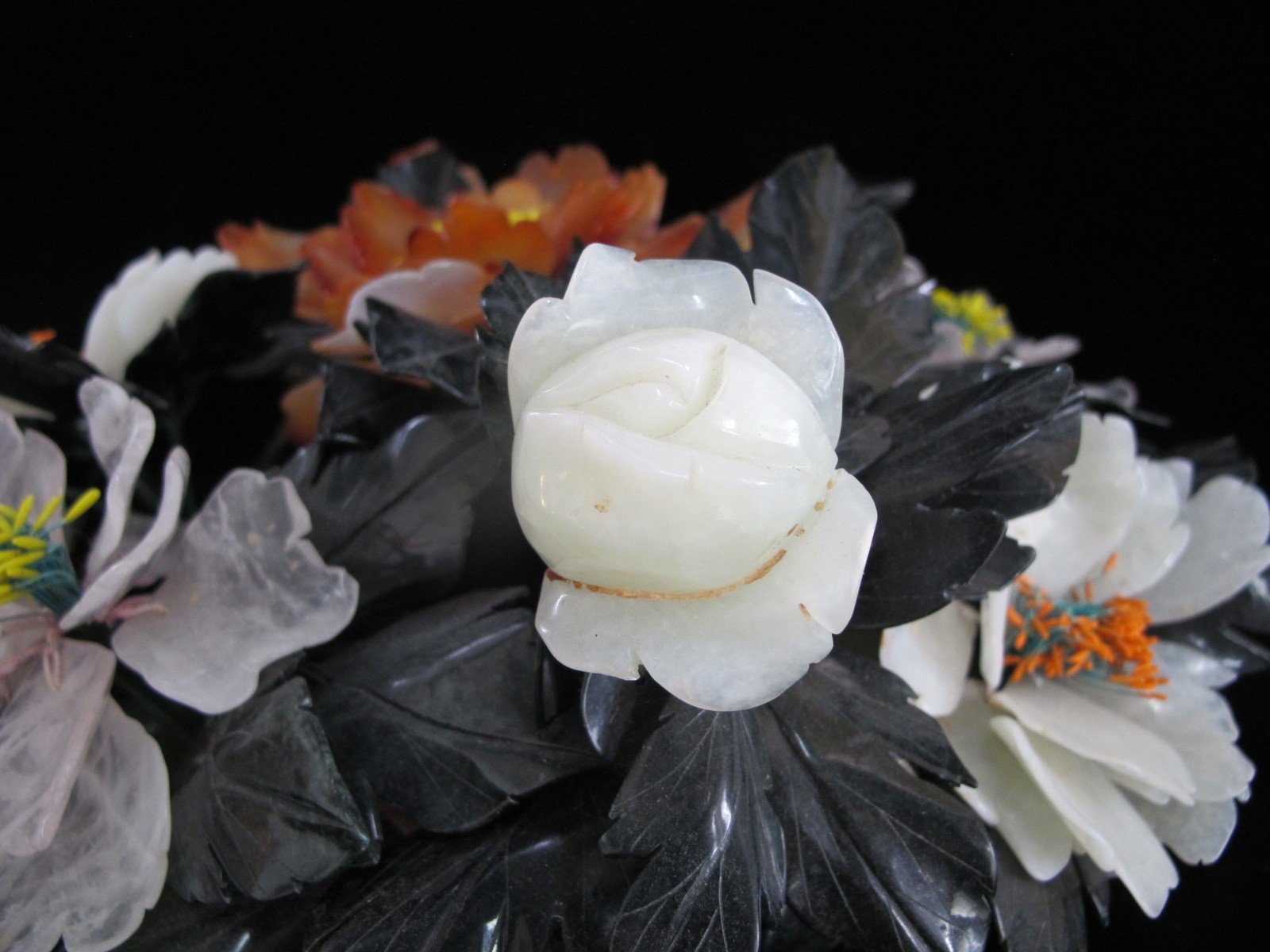 CHINESE Carved Jade Carnelian & Quartz Hardstone FLOWER Centerpiece