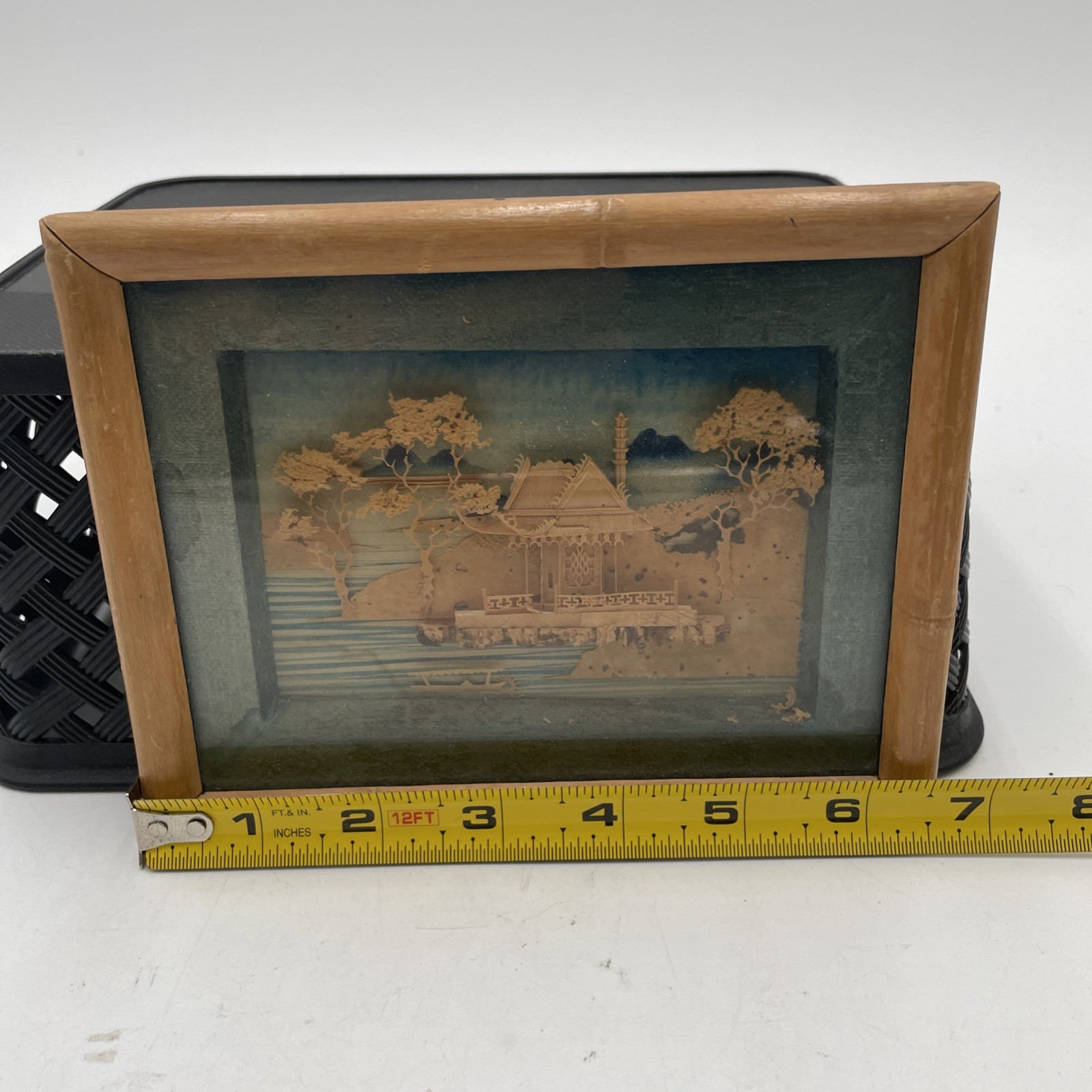 Vintage Chinese Cork Carving Landscape Diorama Shadow Box Bamboo Frame AS IS