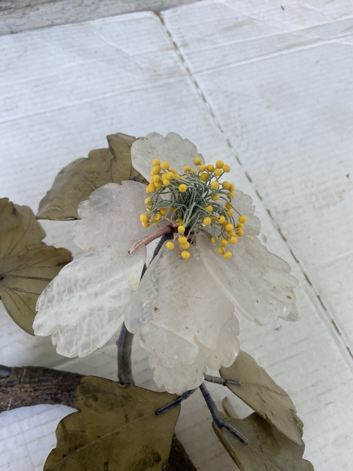 VTG Carved Jade & Gemstone Leaves Flowering Plant, Great Condition 18” diameter.