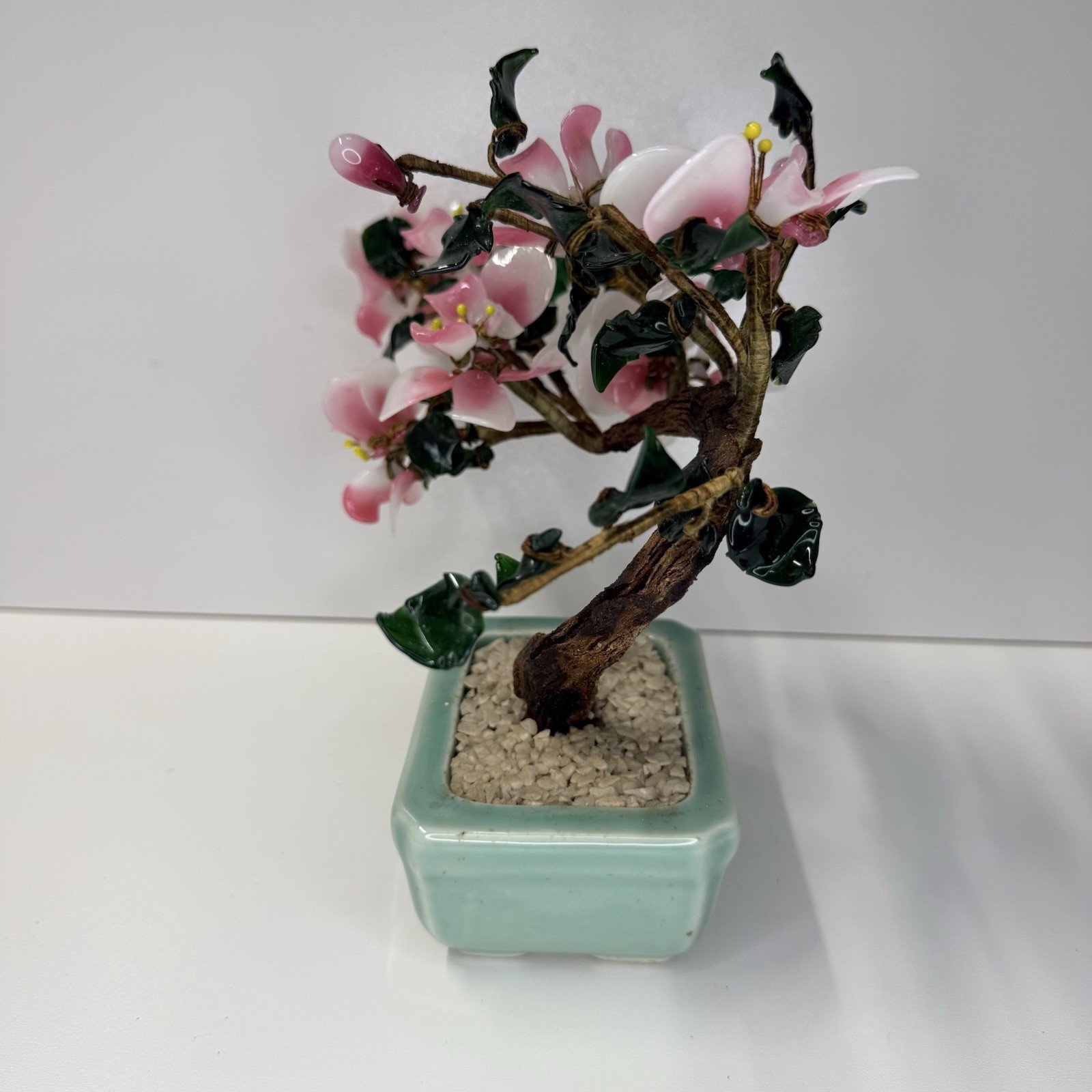 Vintage 1980’s Glass Jade Cherry Blossom Bonsai Tree