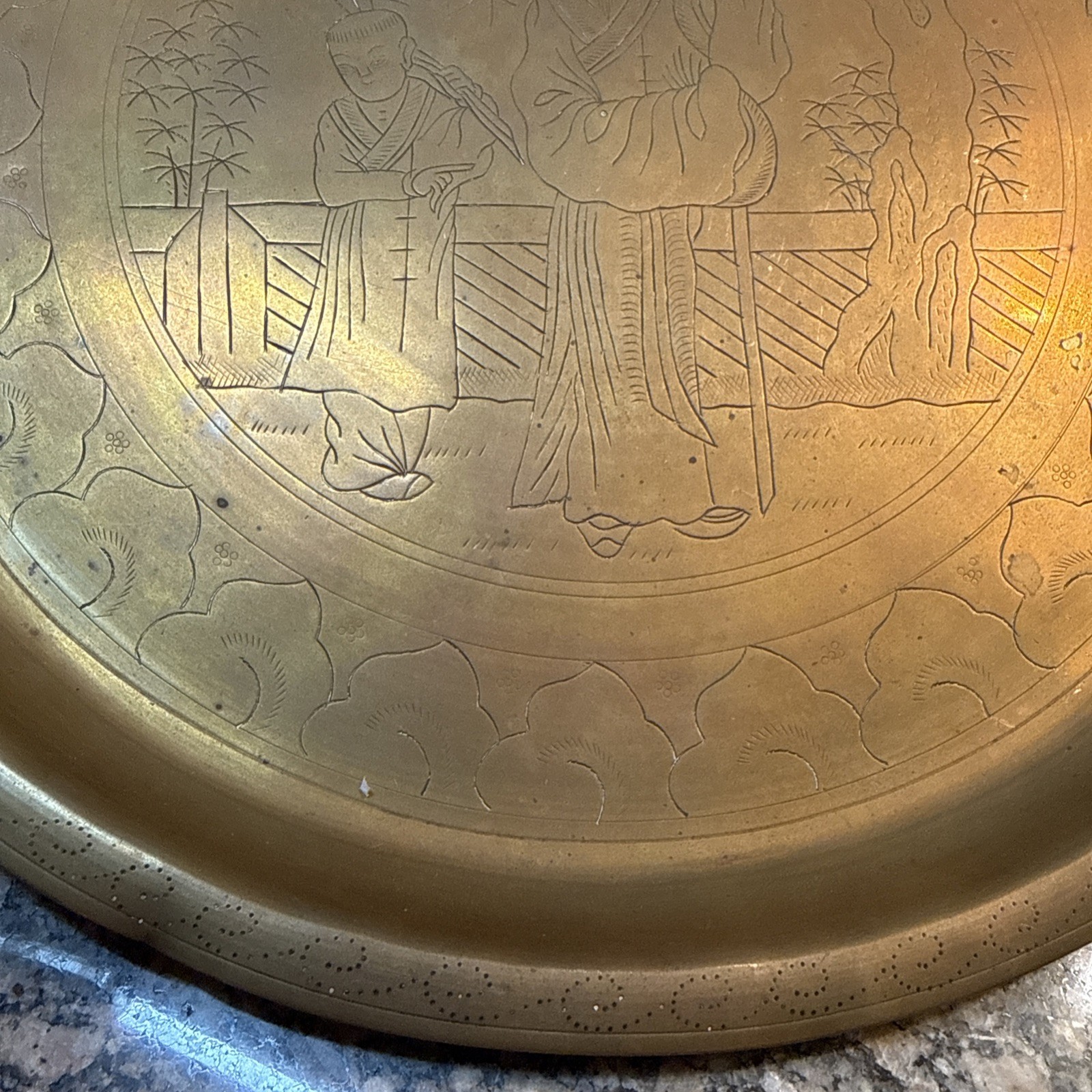 Vintage Chinese Brass Etched Tray Old Man & Boy 12”