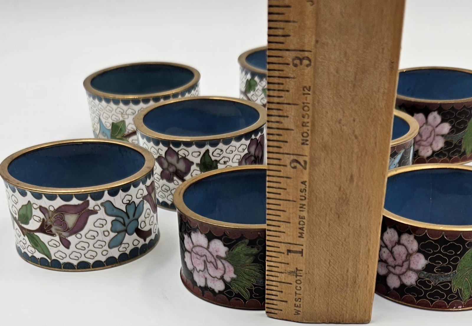 8 Vintage Chinese Cloisonne Napkin Ring Multicolored Enameled