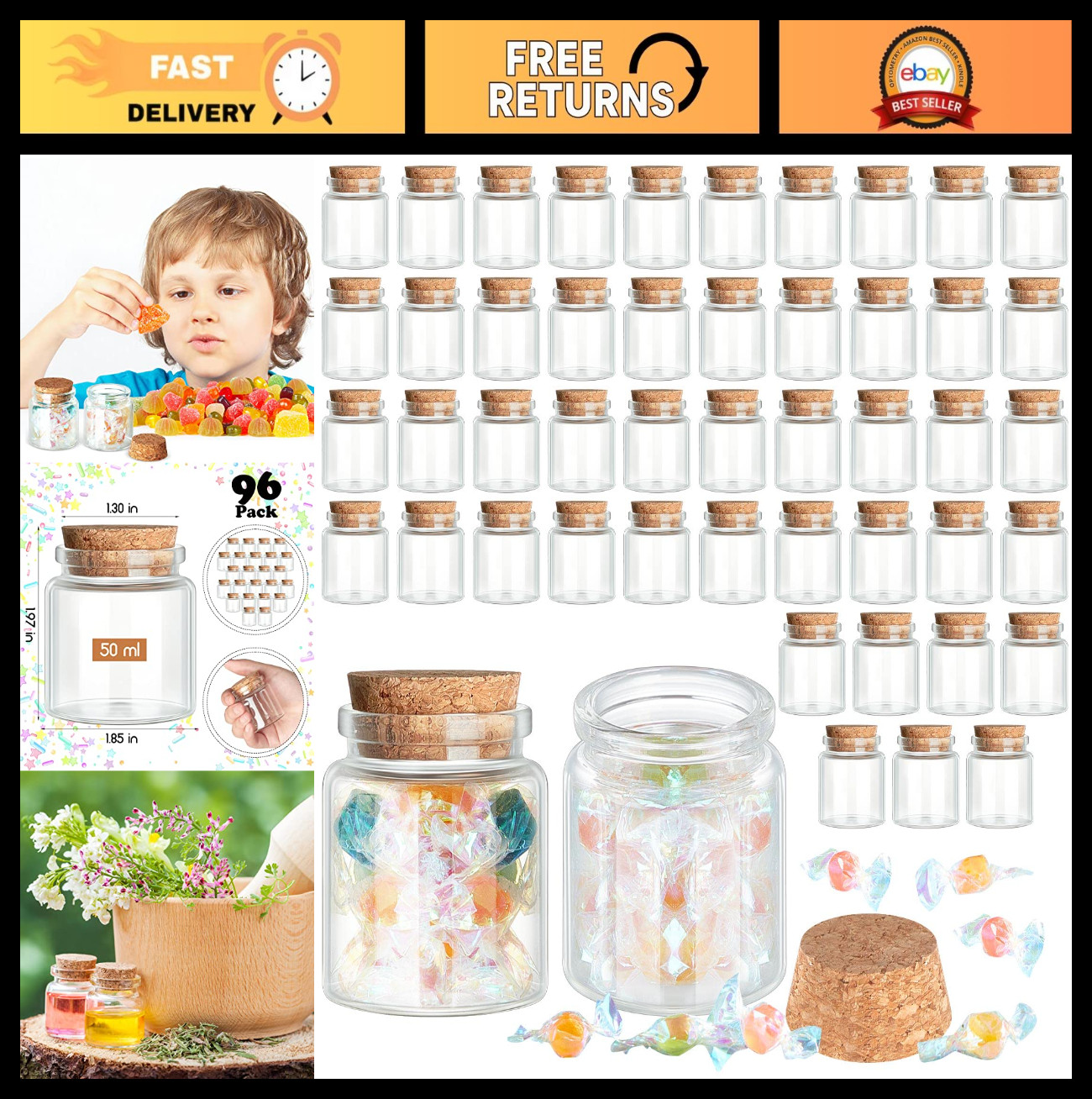 96 Pcs Mini Glass Cork Bottles 50ml – Clear Potion Jars for DIY, Party Favors, D