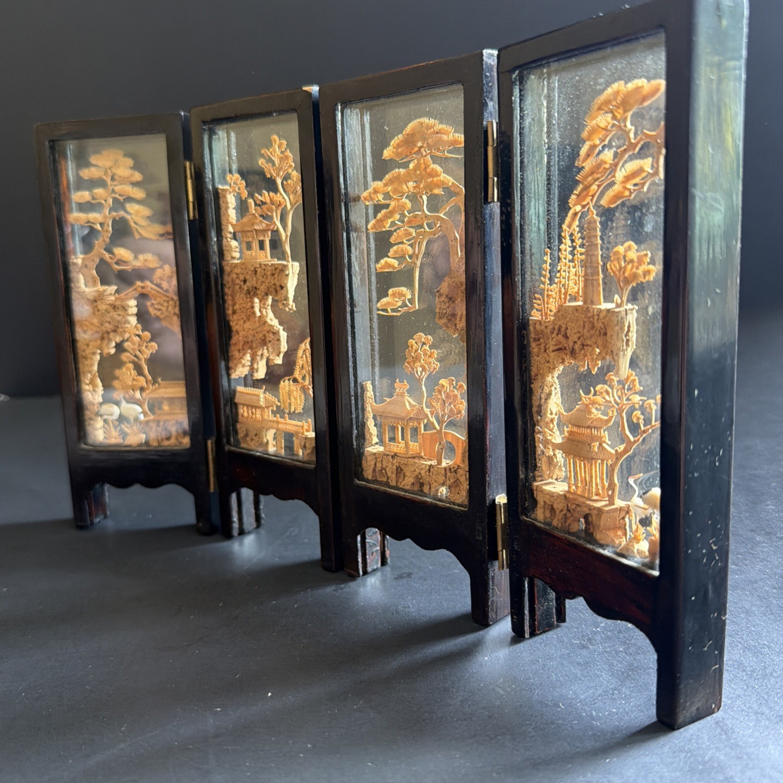 Vtg Chinese Cork Art Screen Folding 4 Panel Glass Pagoda Cranes Black Lacquer