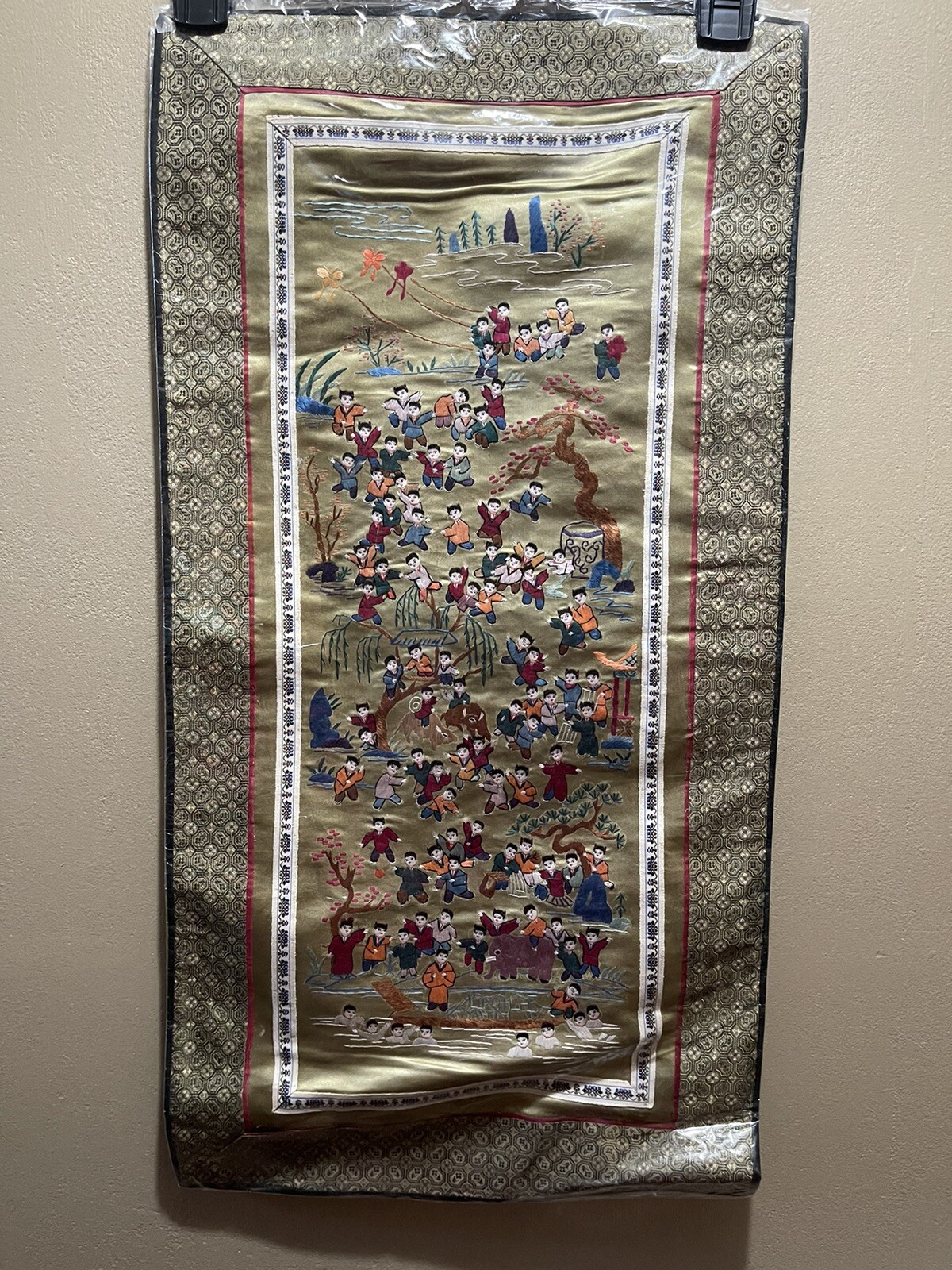 Chinese Silk Needlepoint Textile Tapestry Panel 100 One Hundred Happy Children