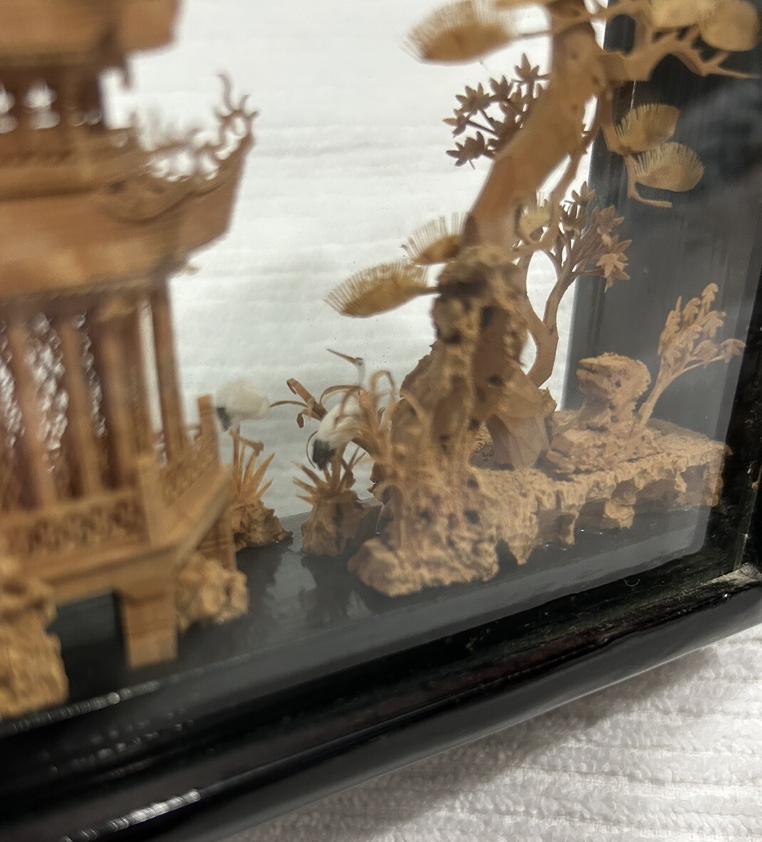 Chinese Carved Cork Art Shadow Box Pagoda Black Wood Frame 7.5”x5”