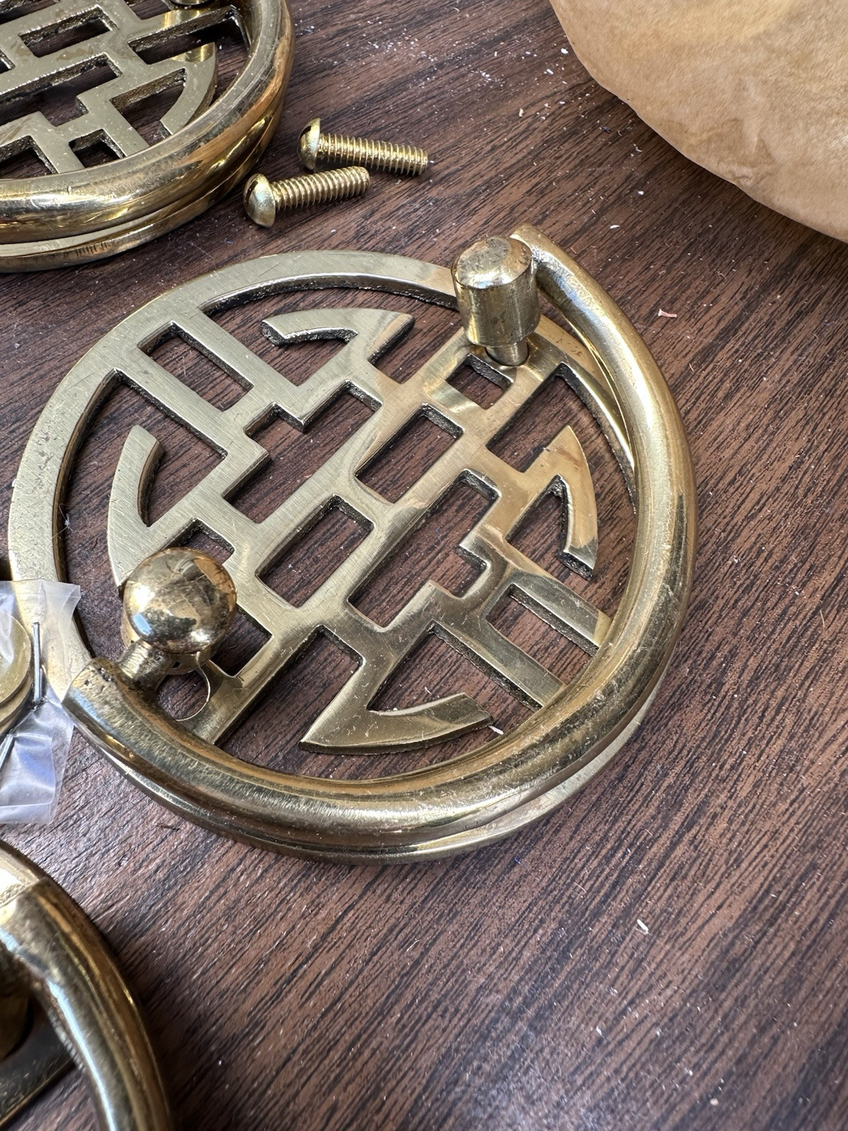 Vtg NOS Mid-Century 3.5” Solid Brass Chinoiserie Drawer Pull Door Knocker 12 Set
