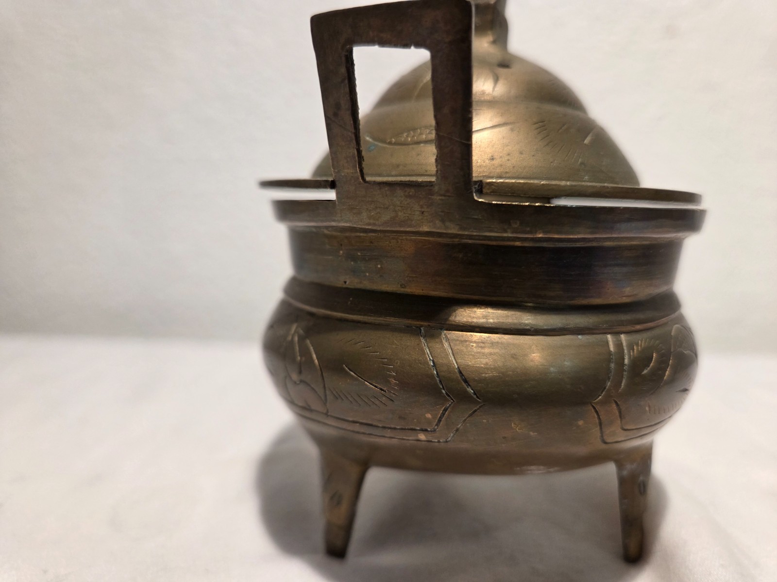 Vintage Marked & etched Chinese Brass Tri-Footed Incense Burner Holder