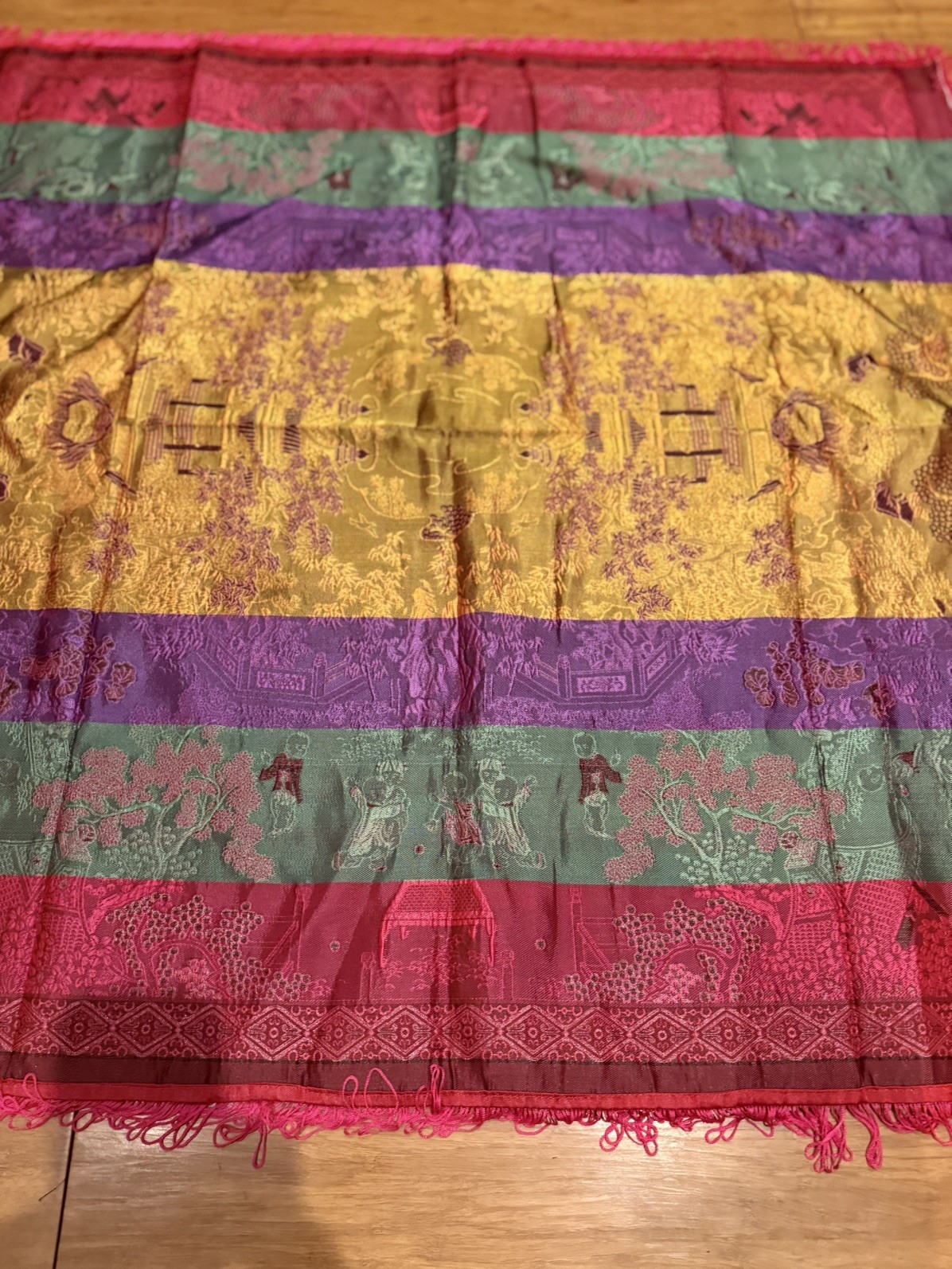 Vintage Brocaded Flowers Chinese Silk Tapestry Table Cloth 38” X 38”
