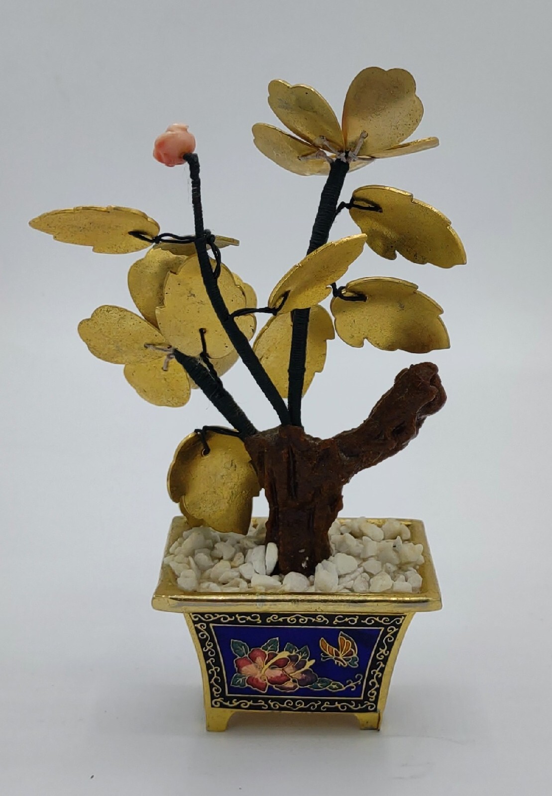 Vtg Oriental Guilloche Enamel Bonsai Tree Pink Coral Flowers Cloisonne Pot
