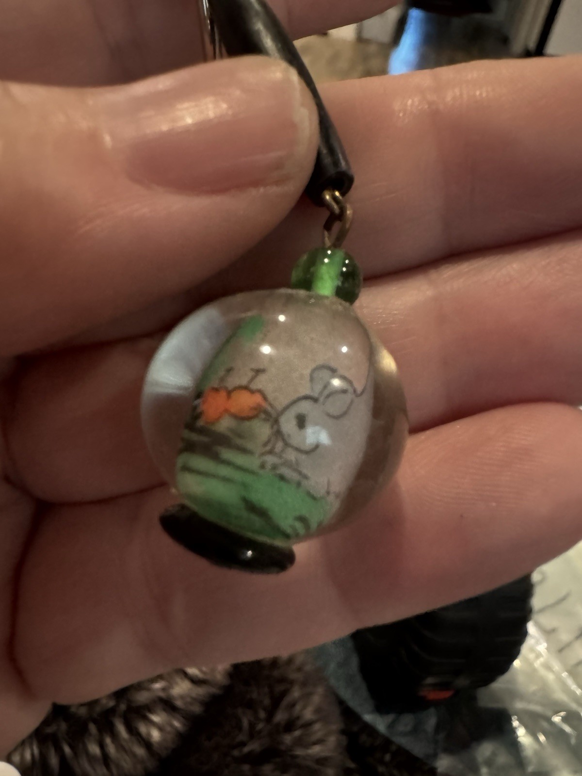 Vintage Chinese Reverse Painted Glass Pendant Keychain Fob Ring Year Of The Rat