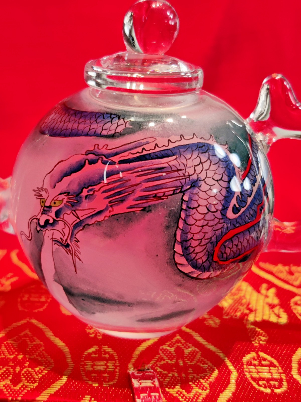 VTG Asian Glass Teapot Mini Reverse Painted Dragons Tea Pot Gift Box Small