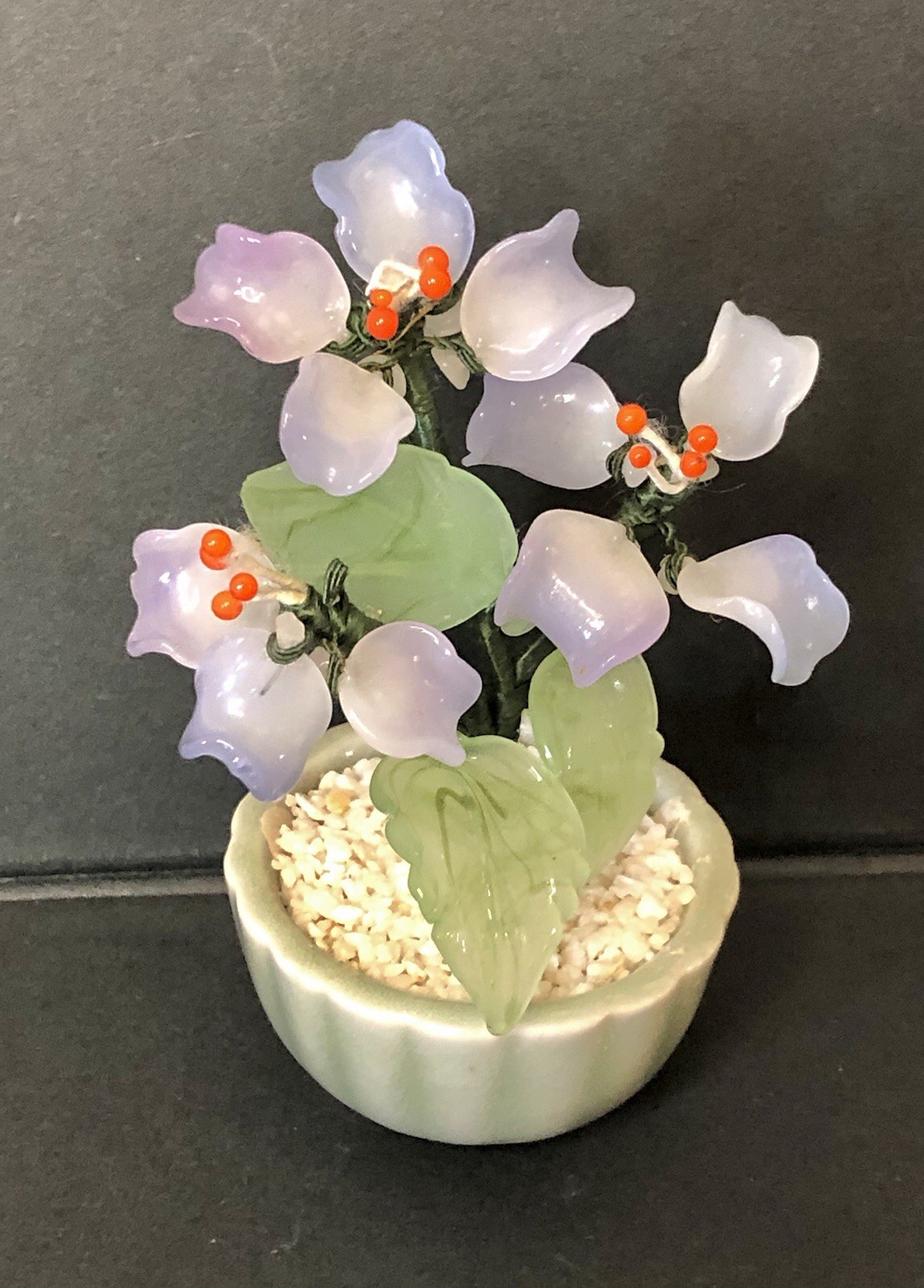Vtg Mini Jade Glass Lavender Flower Tree Bonsai Green Celadon Planter Ornate 3”