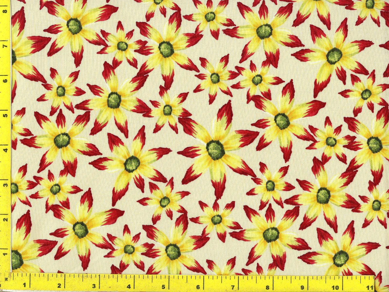 Red & Yellow Star Flowers on Dark Cream Quilting Sewing Fabric by Yard #382
