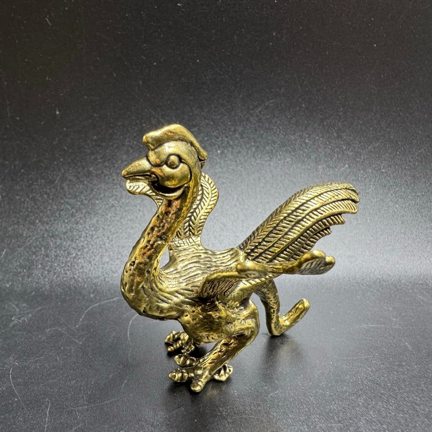 Vintage Solid Brass Phoenix Mini Figurine Chinese Feng Shui Auspicious Bird Desk