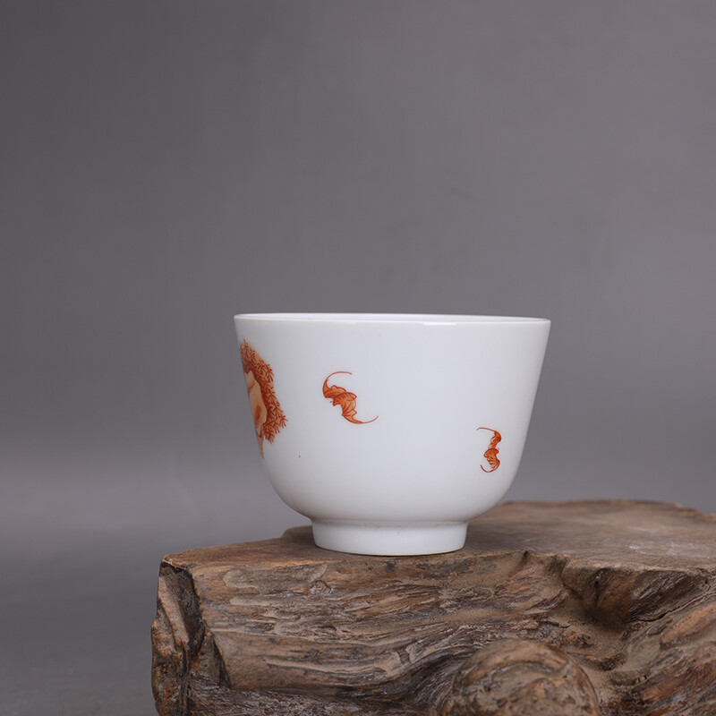 3.6″ Collect China Qing Porcelain Alum Red Longevity God Deer/Bat Cup ‘玩玉’
