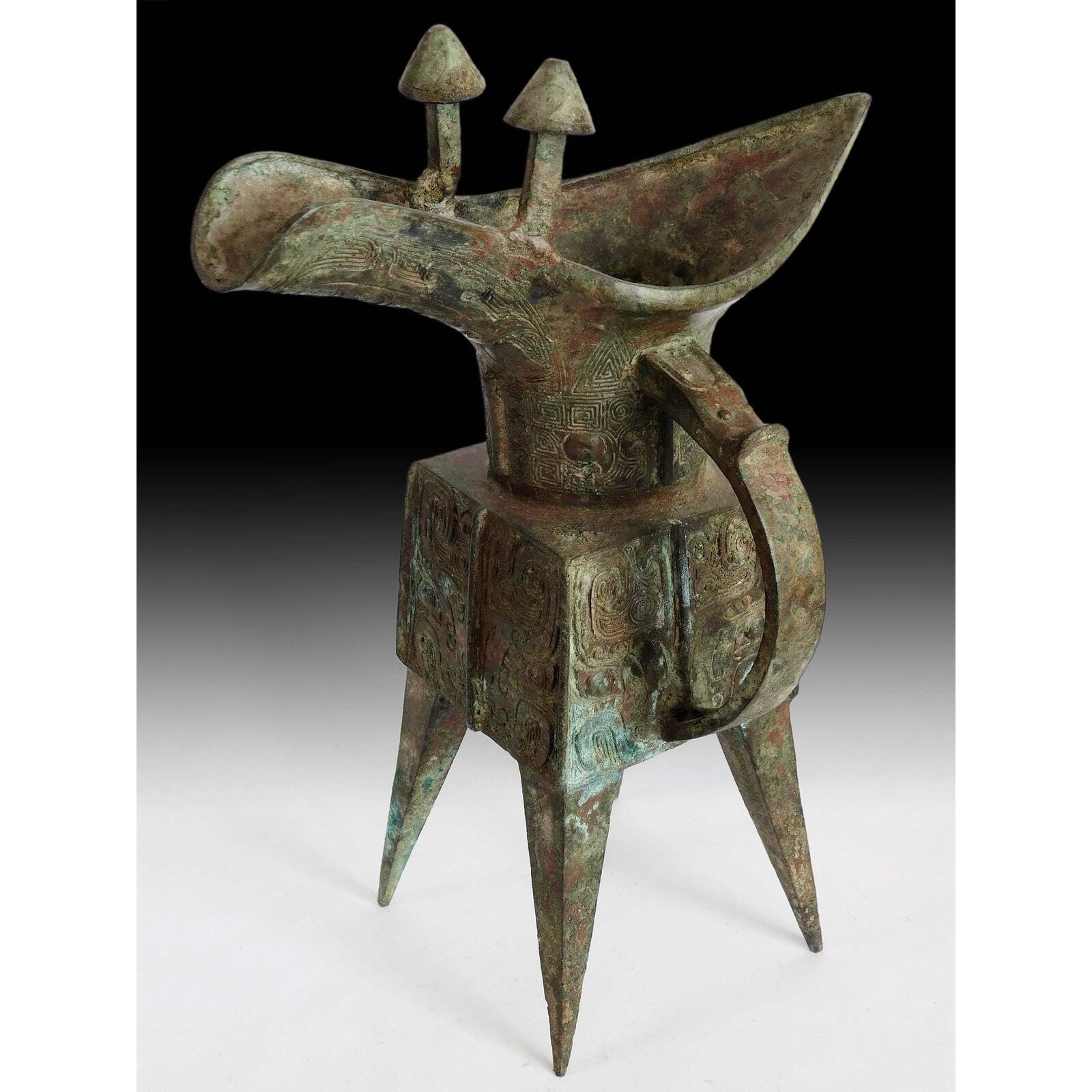 Vintage Chinese Shang Dynasty Style Museum Libation Bronze Jue Vessel 12”H 饕餮銅方爵