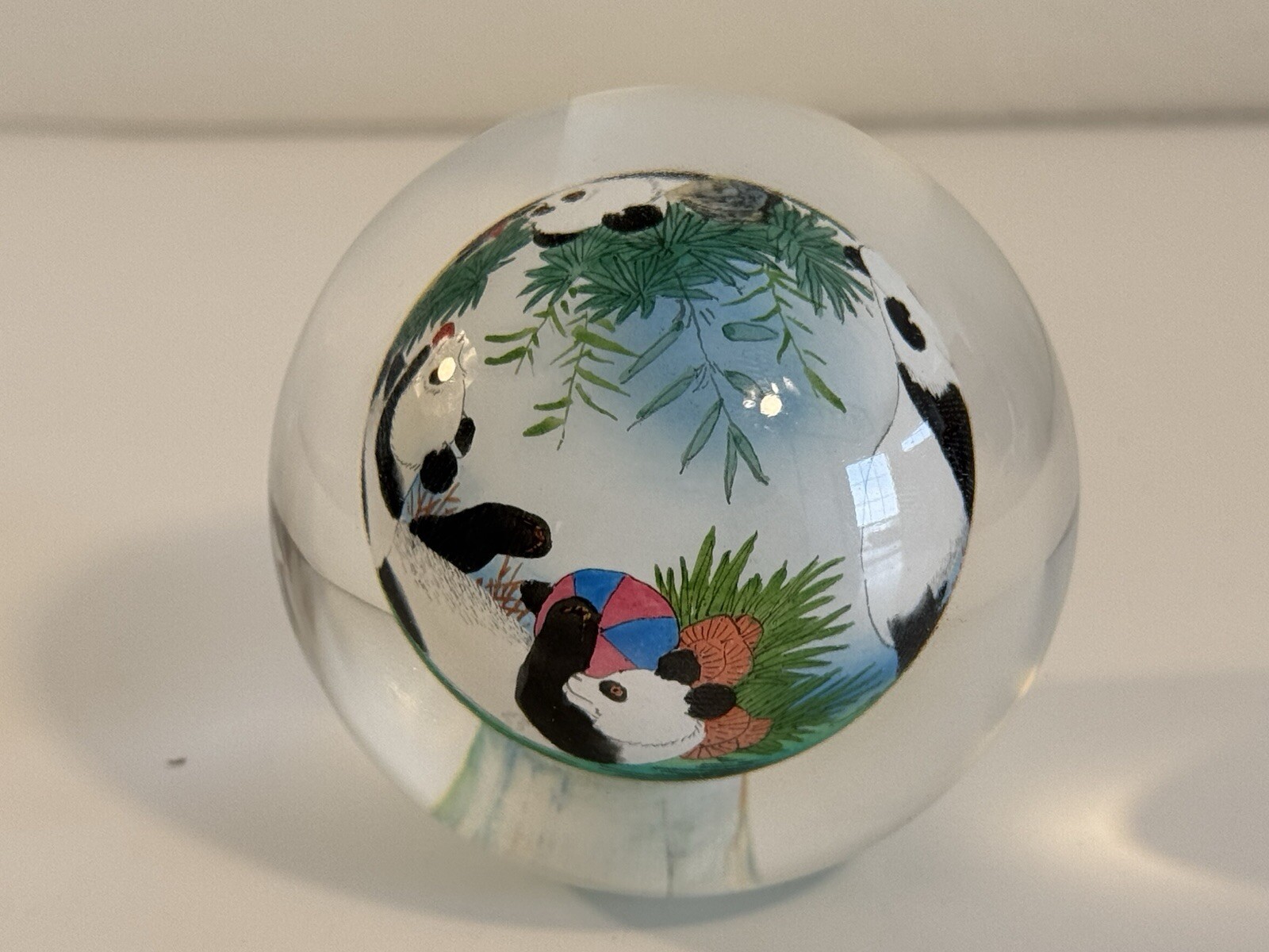 Chinese Glass Ball Sphere Paperweight Reverse Hand Painted Pandas