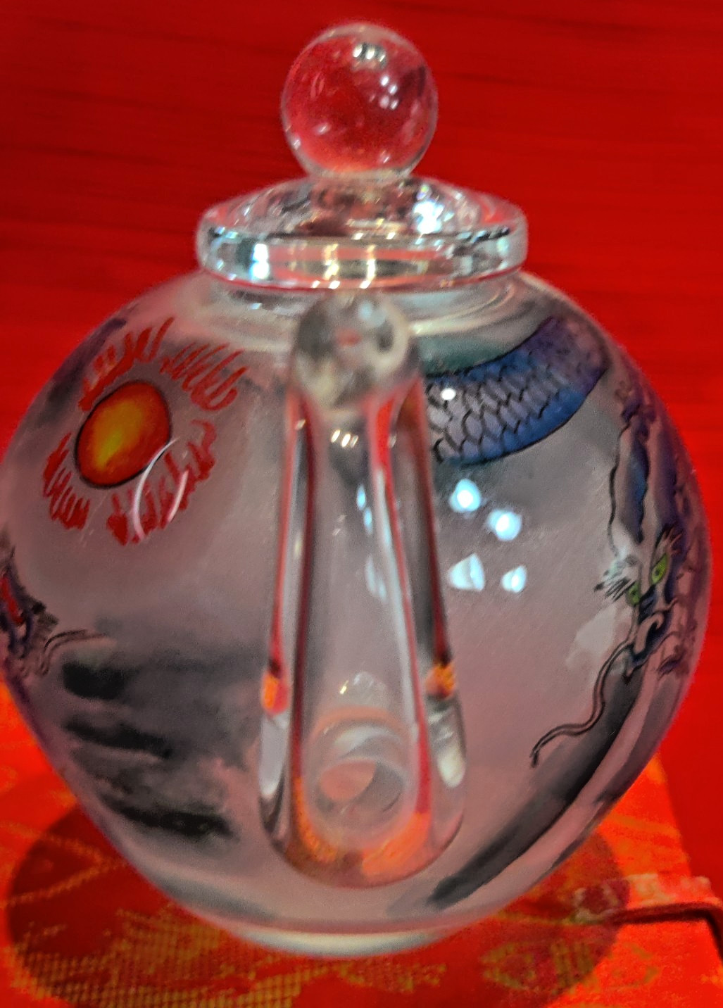 VTG Asian Glass Teapot Mini Reverse Painted Dragons Tea Pot Gift Box Small
