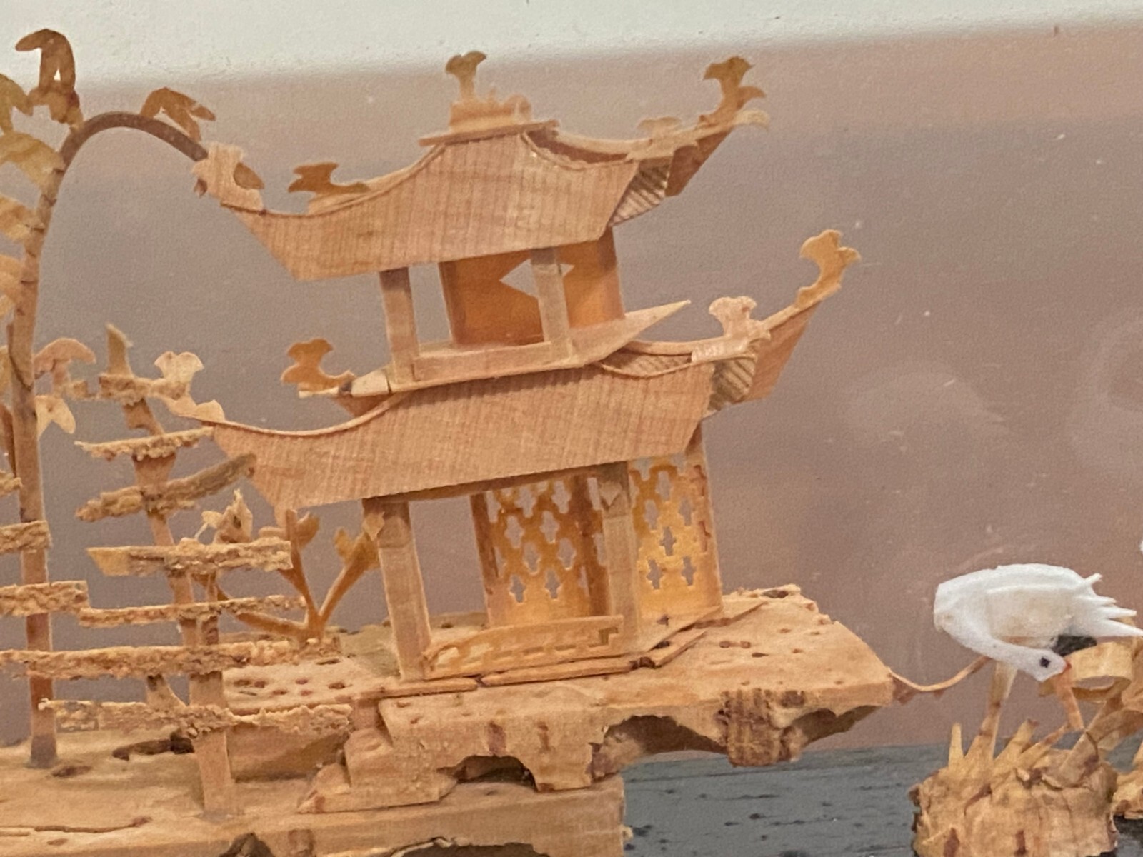 Vintage Chinese Hand Carved Cork Art w/ Storks & Pagoda 3D Diorama