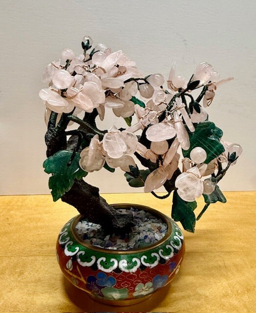Chinese Quartz & Jade Flower Tree in Cloisonne Pot Vintage Bonzai for good luck