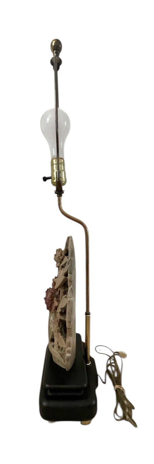 VTG 1940s Chinese Soapstone Floral Table Lamp Wood Base Chinoiserie 31”