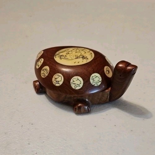 Asian Carved Wooden Turtle, Opens with Compass and Zodiac Signs