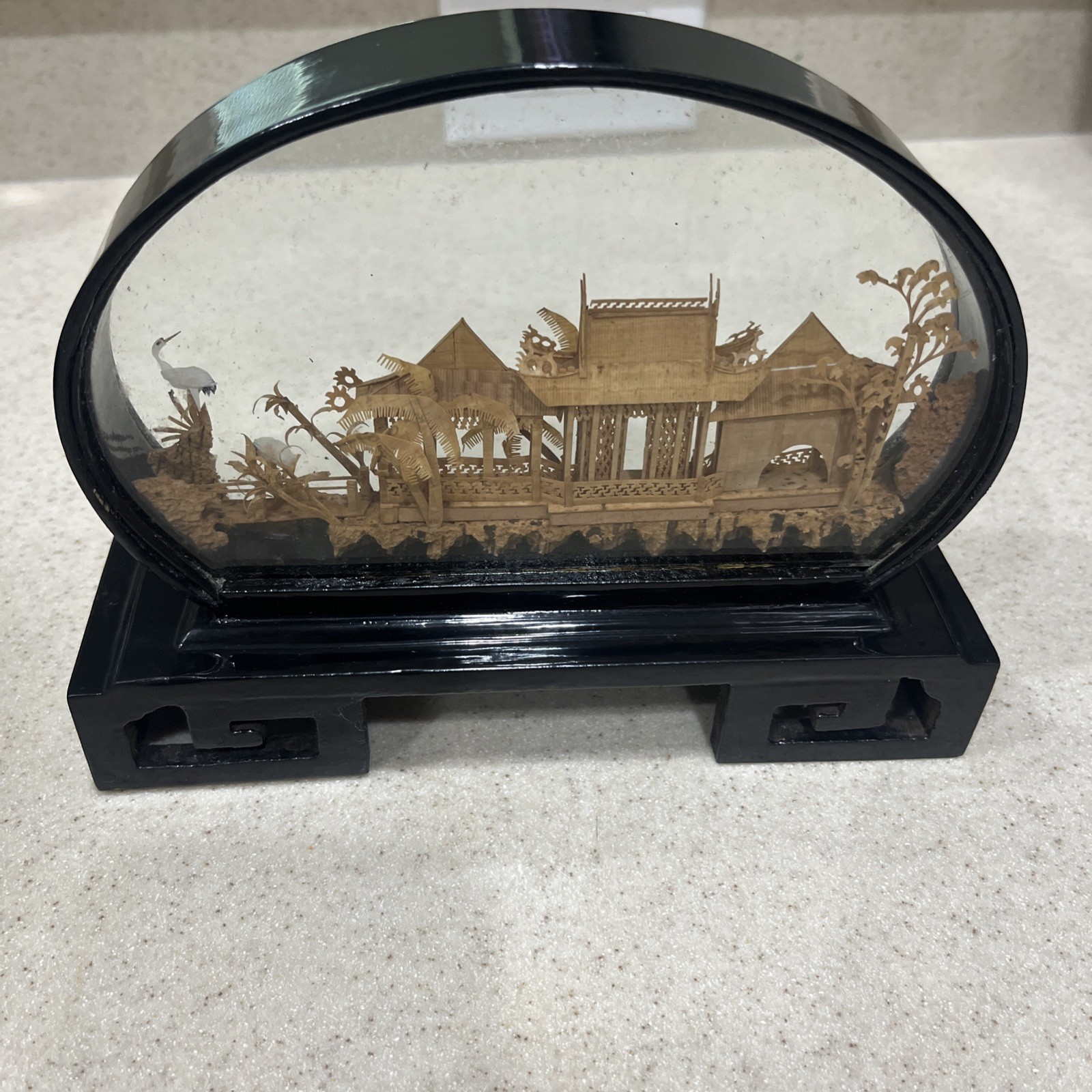 Vintage Hand Carved Cork Art Shadow Box Asian Temple Pagoda Scene Framed Diorama