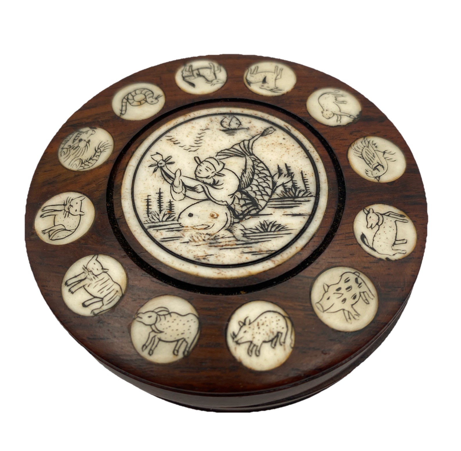 Vintage Chinese Zodiac Wooden Compass and Astrology Calendar