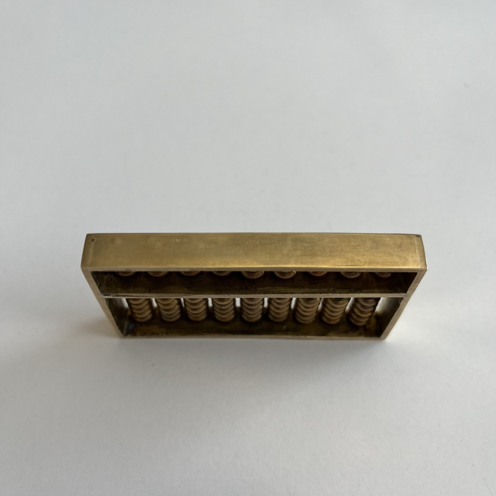 Vintage Miniature Brass Chinese Suanpan 9 Rod Abacus With Silk Brocade Box.