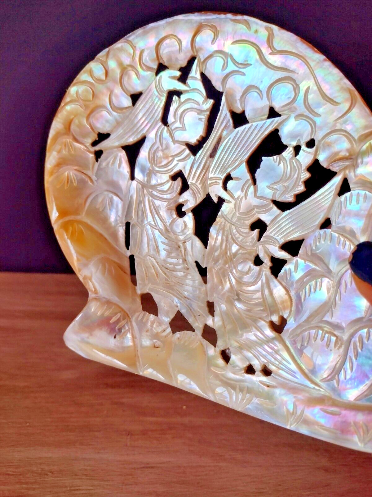 Hand Carved Mother of Pearl Shell Plaque Asian Dancer Abalone Seashell Carving 5