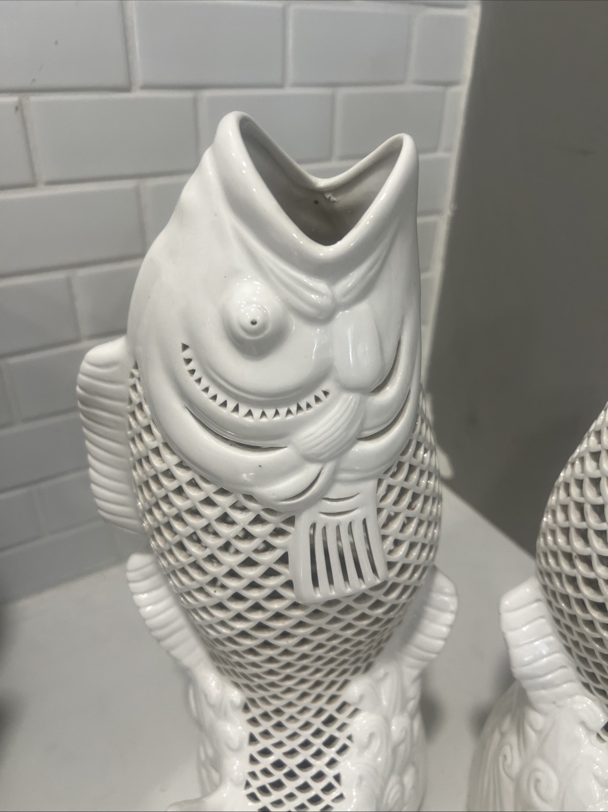 Vintage 1950s Reticulated Porcelain Blanc De Chine Fish Sculpture Pair 14” Large