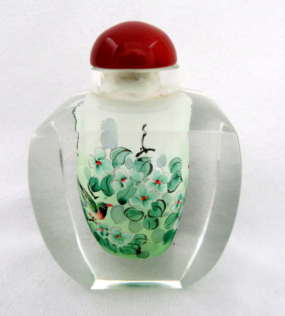 Signed Vintage Chinese Snuff Bottle Reverse Hand Painted Glass w Agate Top BIRDS