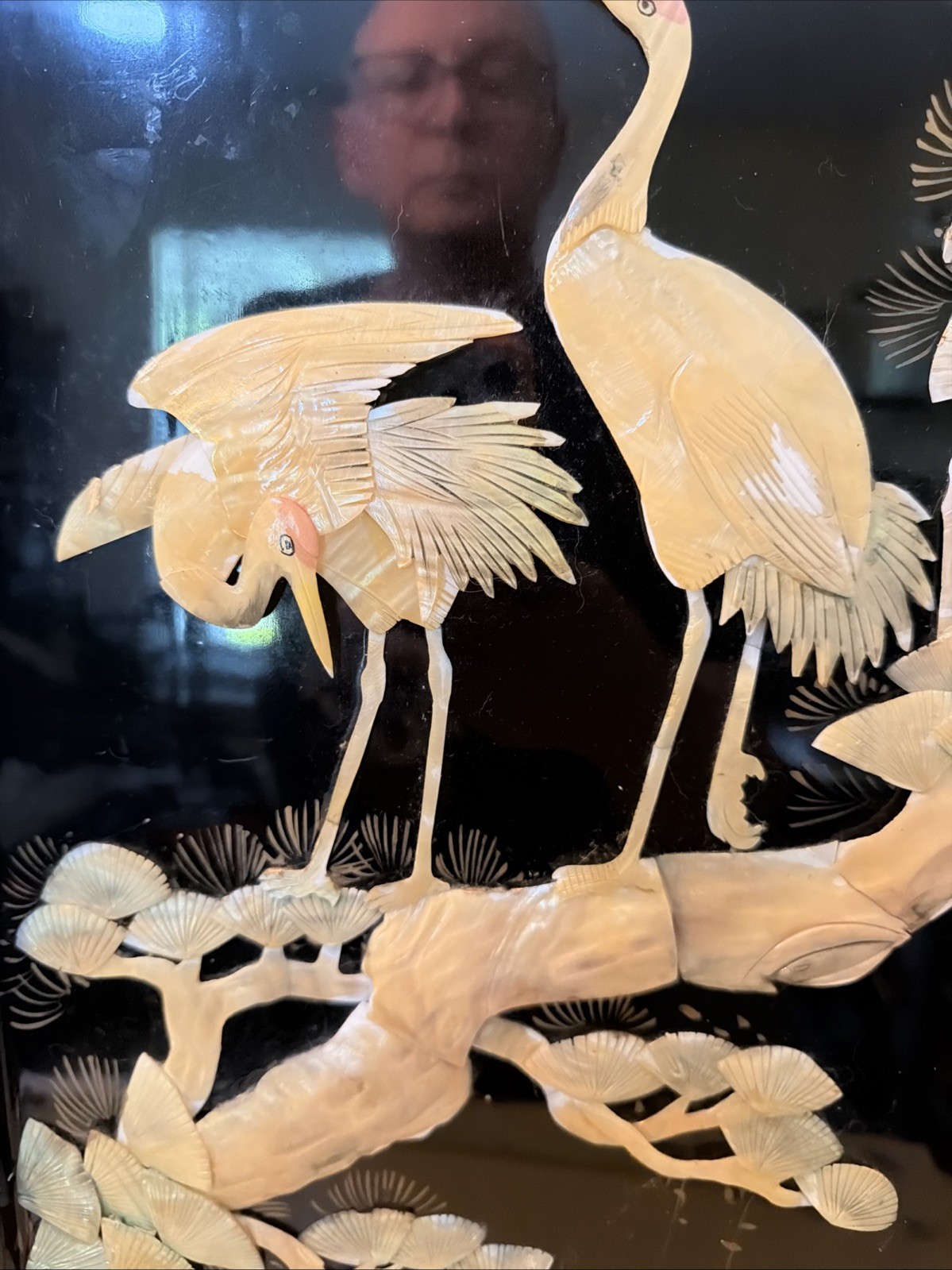 VTG 50’s Chinese Panel Carved Mother of Pearl Birds Crane Tree Black Lacquered