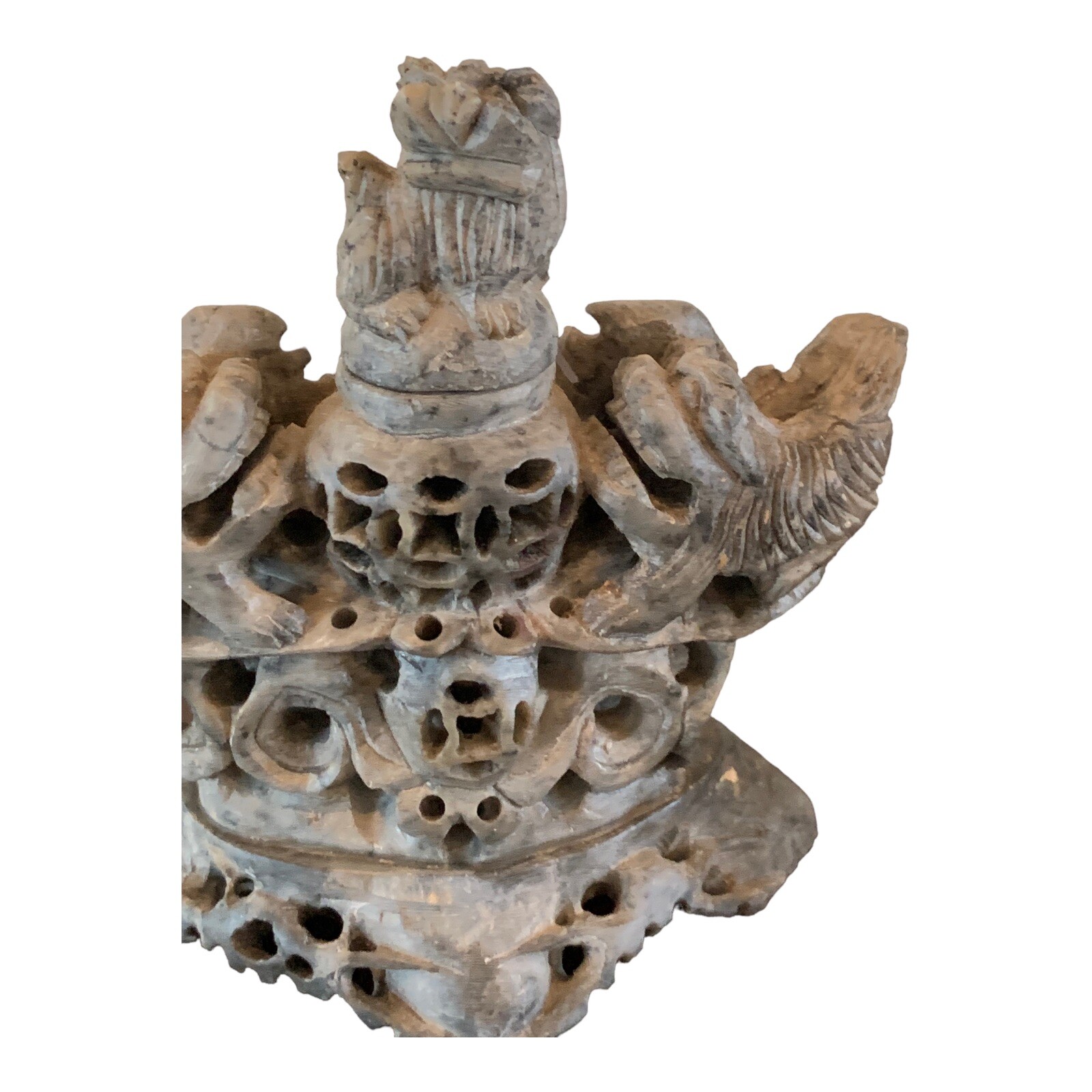 Chinese Hand Carved Soapstone Incense Burner Foo Dogs/Lions Vintage 4” X 4 1/2”