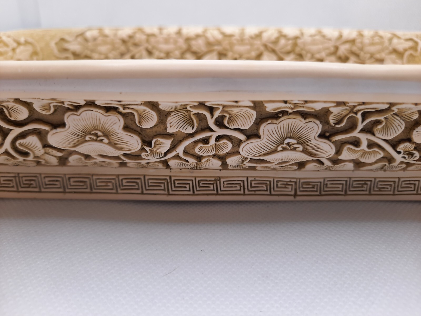 Vintage Asian Carved Resin High Relief Dragons Flaming Pearl and Florals Tray