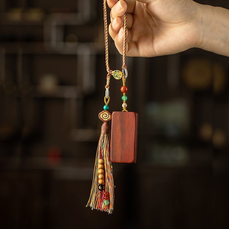 Tibetan Style Sandalwood Wushi Pai Car Pendant 25cm Luxury Rearview Mirror Charm