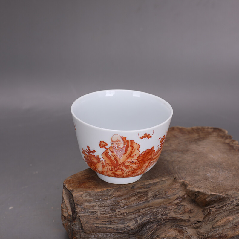 3.6″ Collect China Qing Porcelain Alum Red Longevity God Deer/Bat Cup ‘玩玉’