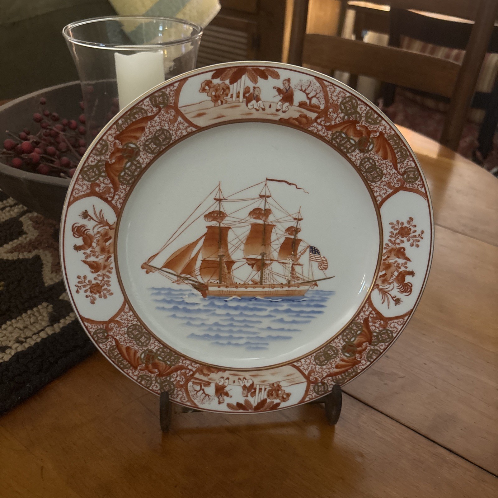 Vintage H.F.P. Macau Chinese Porcelain 10″ Hand-Painted Decorative Ship Plate