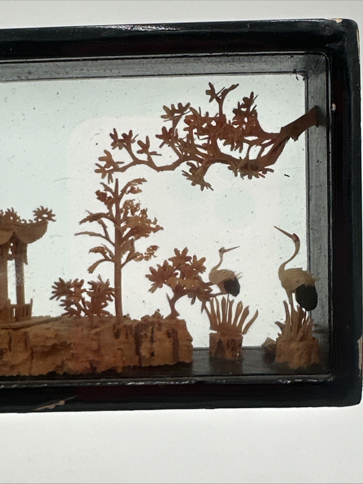 Vintage Chinese Cork Art Shadow Box Pagoda Cranes Scenic Diorama Framed C Detail