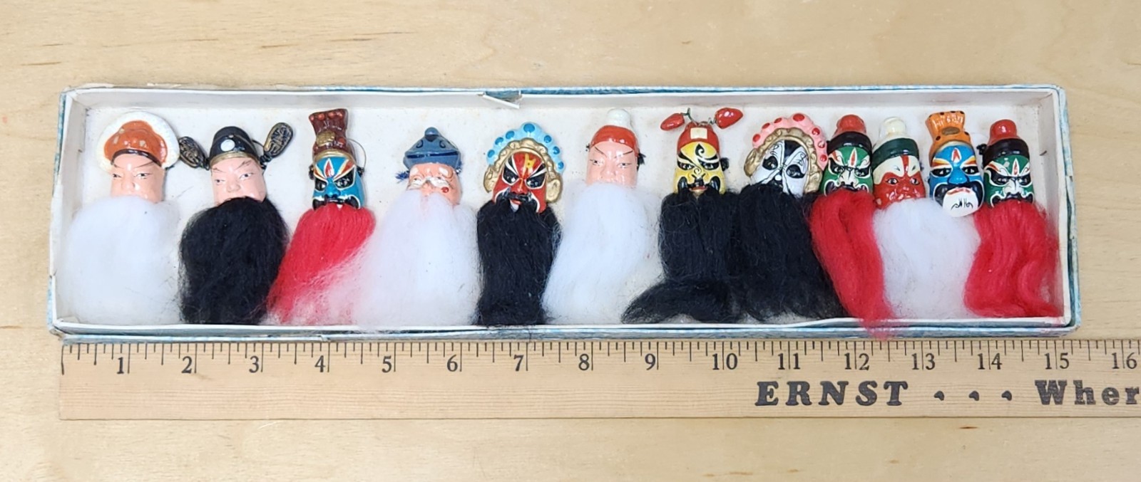 Vintage Chinese Opera Miniature Finger Puppets Boxed Set 12 Hand Painted Lianpu