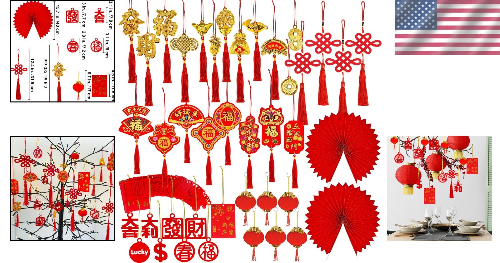 104-Pc Lunar New Red & Gold Blessing Decorations – Festive Ornament Kit