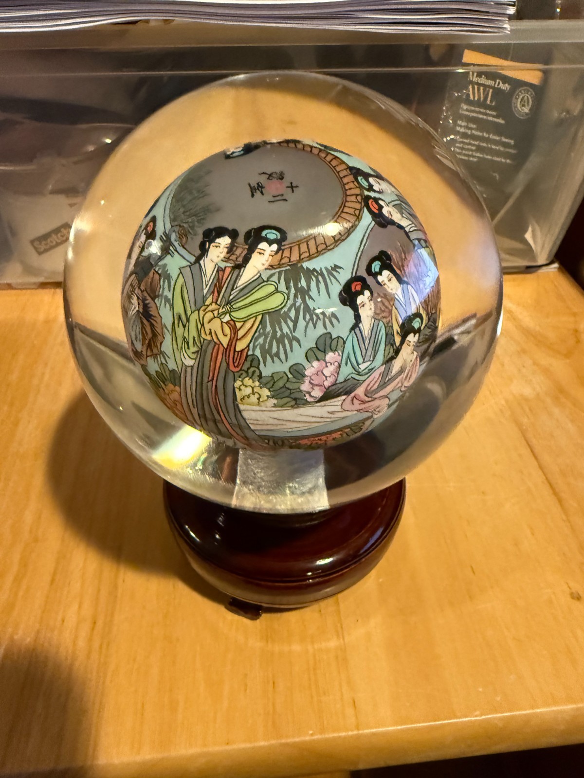 Vintage Chinese Hand Painted Reverse Art 4.5″ Glass Globe On Wooden Stand SIGNED