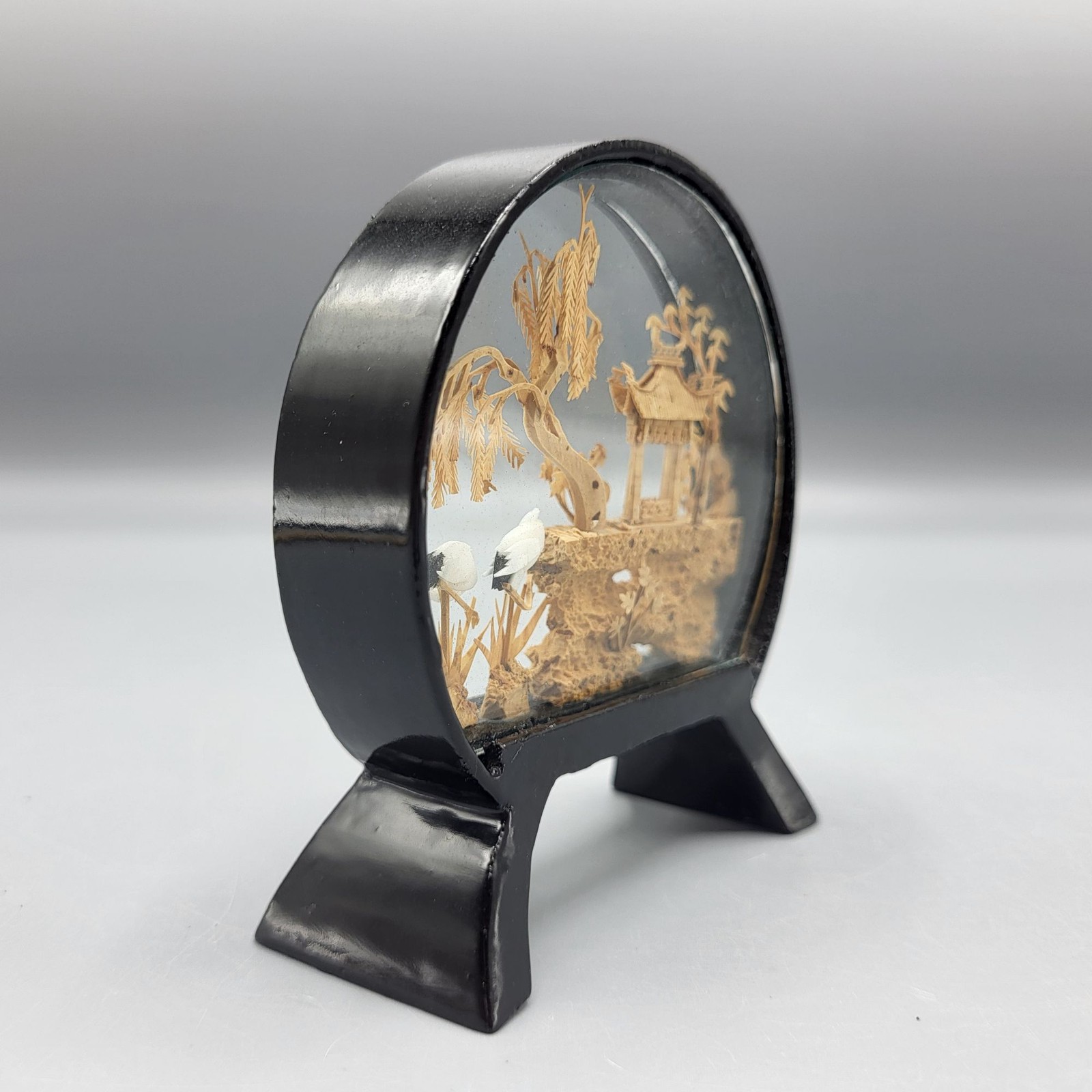 Vintage Chinese Landscape Cork Diorama Glass Dome Black Stand SMALL 3.5″ x 3.25″