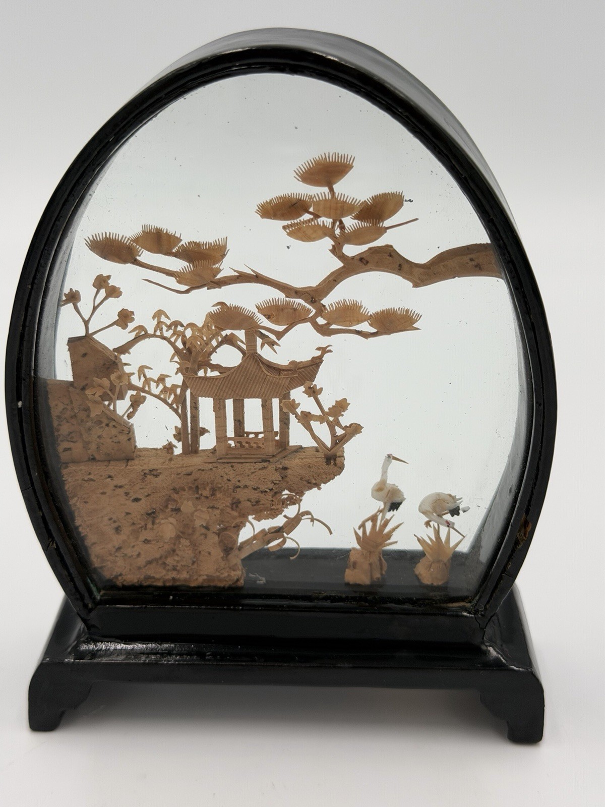 Vintage Chinese San You Cork Carving Diorama 4.5″ Miniature Shadow Box Cranes