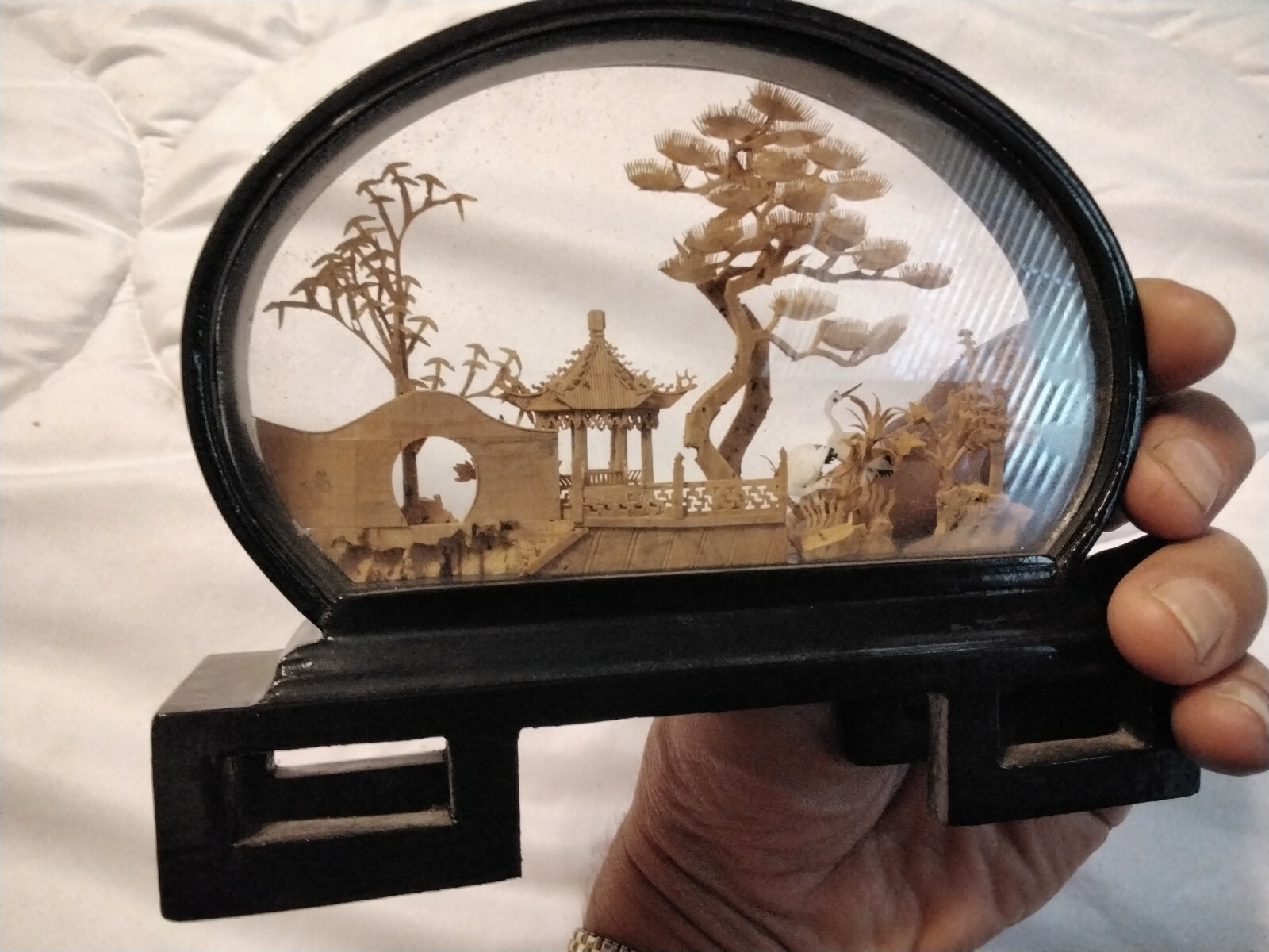 Chinese Lacquered Oval Hand Carved Cork Diorama, Pagoda Trees Cranes