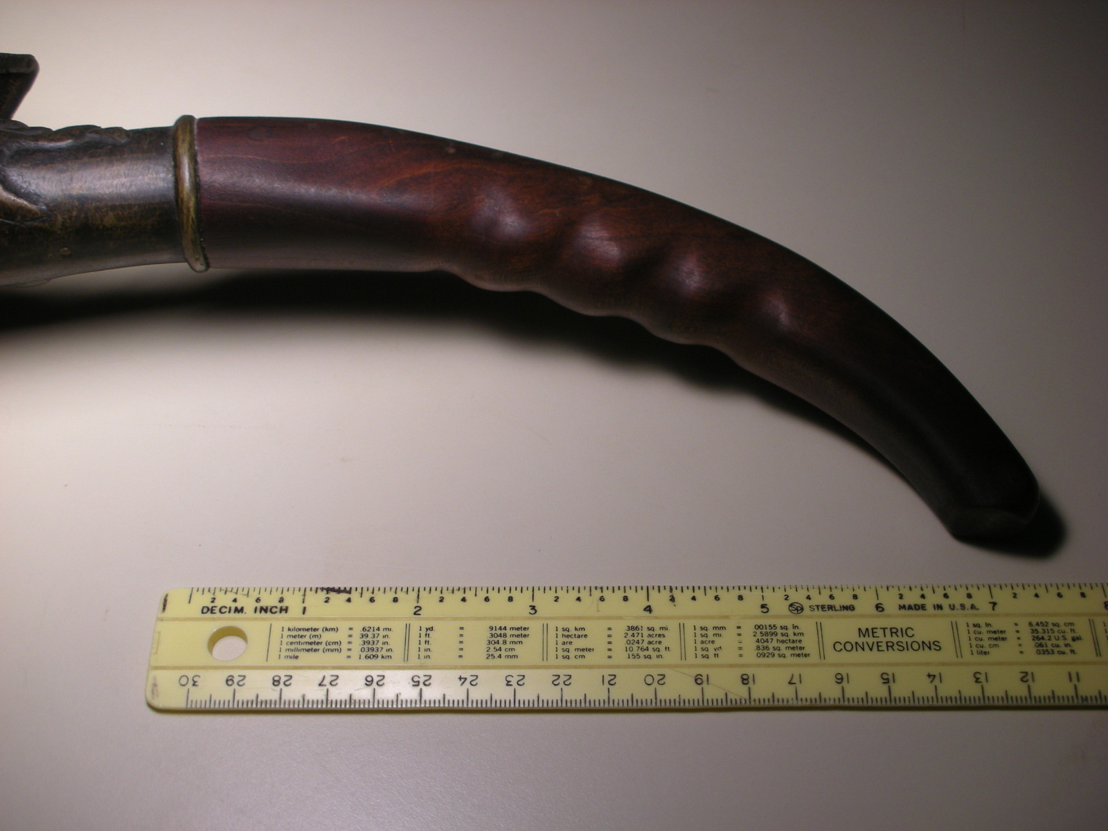 Vintage Chinese Brass Metal Pan Silk Iron with Long Wood Handle (L: 14.5″)