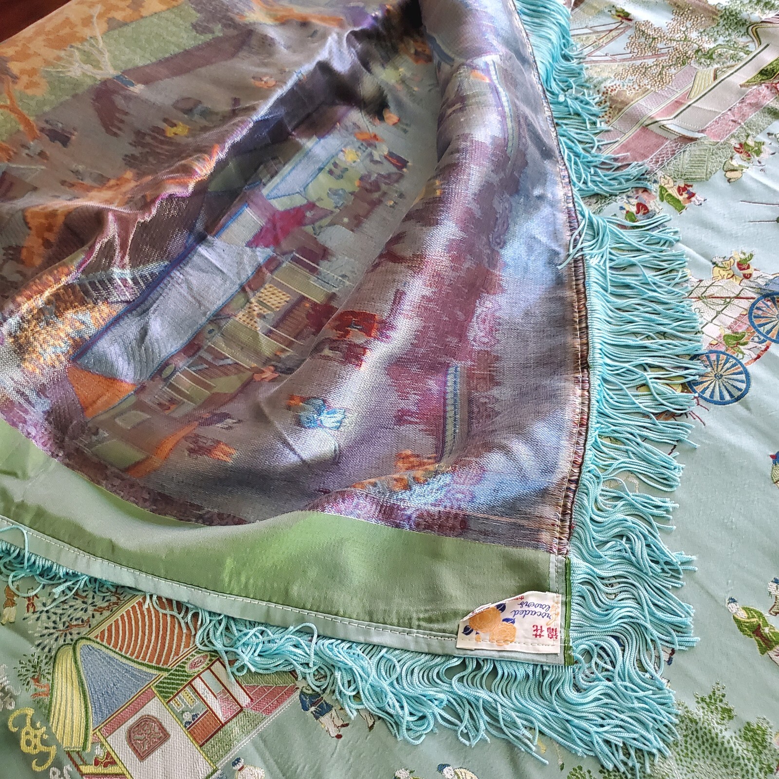 Vintage Gorgeous “Brocaded Flowers” Chinese Silk Tapestry Tablecloth 80″x54″