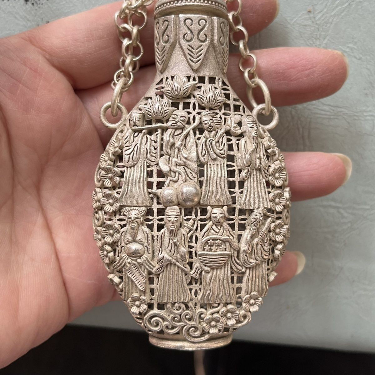 Vintage Xuande Eight Immortals Silver Sachet Handheld